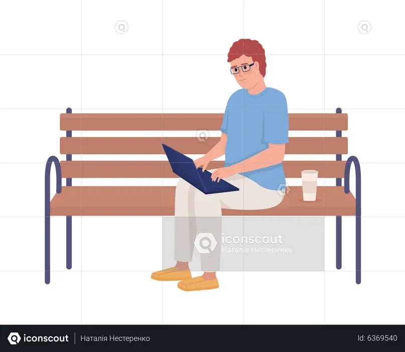 Trabajador independiente masculino con computadora portátil sentado en un banco  Ilustración