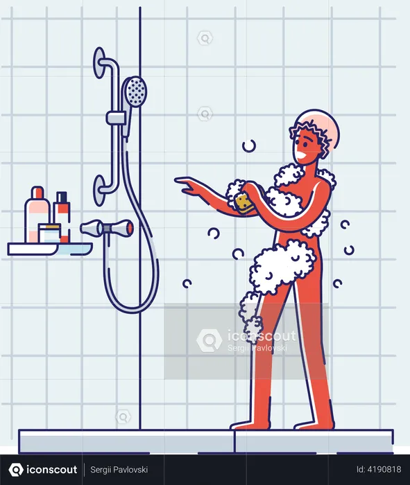 Hombre bañándose en el baño.  Ilustración