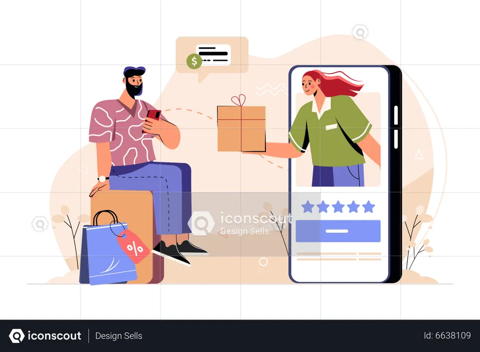 Hombre de barba haciendo compras en línea  Ilustración