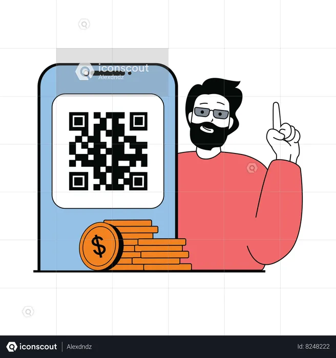 Hombre de barba aceptando pago a través de código qr  Ilustración