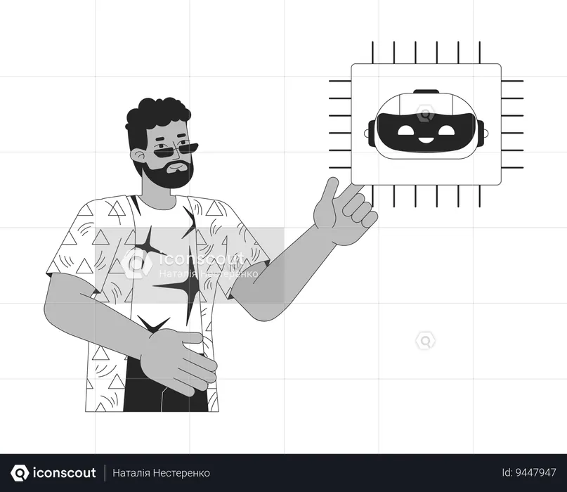 Hombre barbudo con microchip de IA  Ilustración