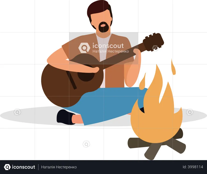 Hombre barbudo tocando la guitarra en la fogata  Ilustración