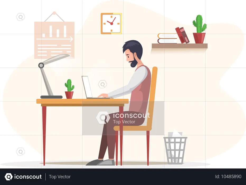 Hombre barbudo trabajando sentado en una mesa en la habitación y navegando por Internet  Ilustración