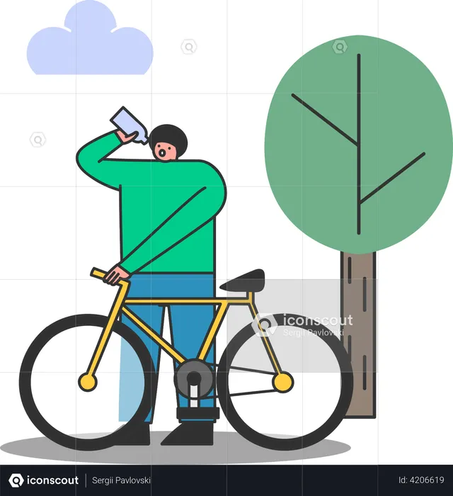 Hombre bebiendo agua mientras anda en bicicleta en el parque  Ilustración
