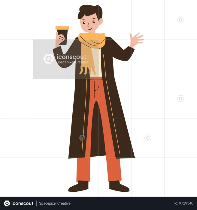Hombre bebiendo chocolate caliente en otoño  Ilustración