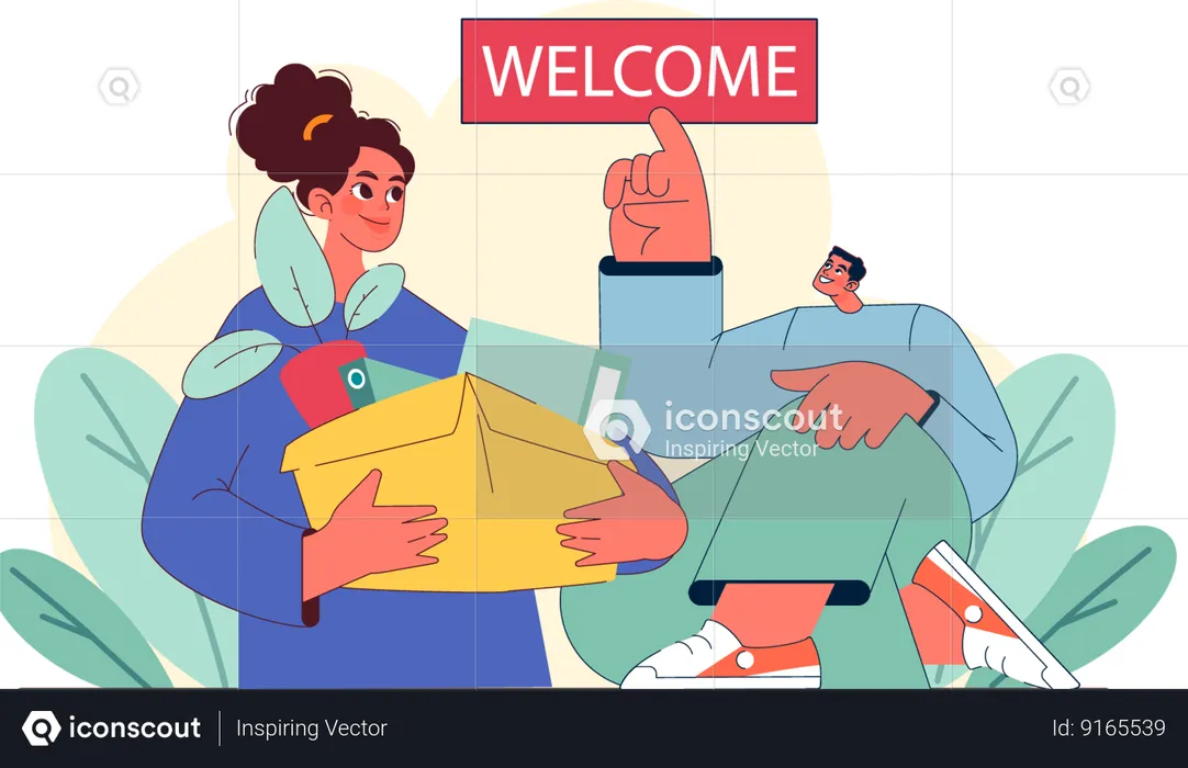 Hombre dando la bienvenida a una empleada  Ilustración