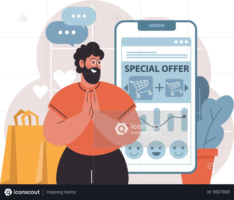 Hombre mirando anuncios de ofertas especiales  Ilustración