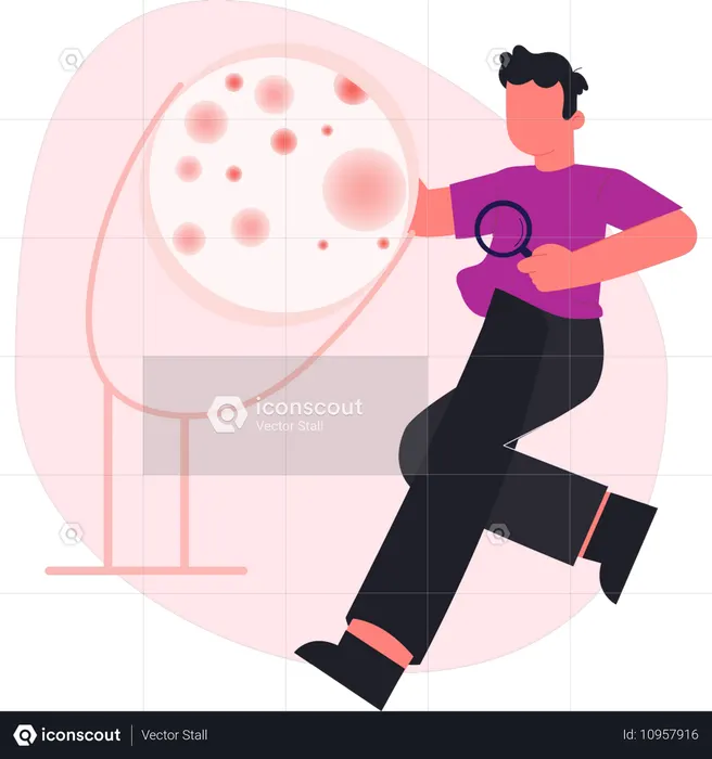 Hombre buscando un virus con una lupa  Ilustración