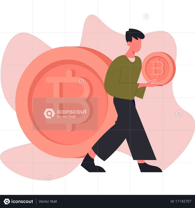 Hombre caminando cerca de Bitcoin  Ilustración