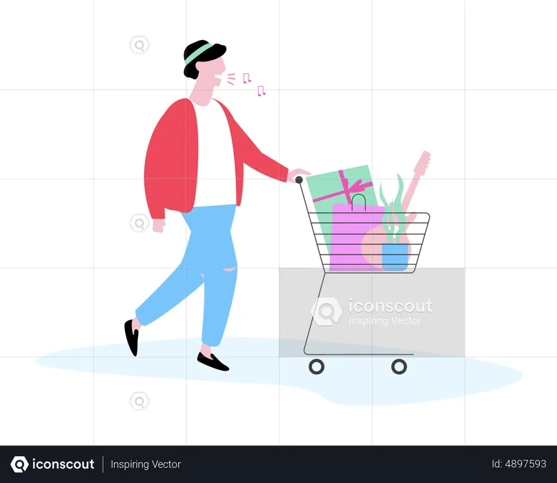 Hombre caminando con carrito de compras  Ilustración