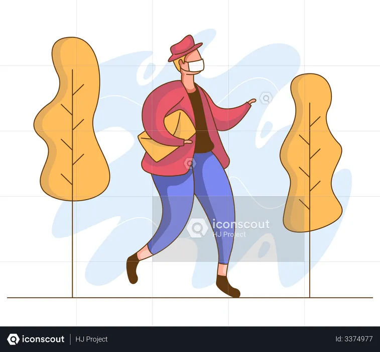 Hombre caminando con mascarilla  Ilustración