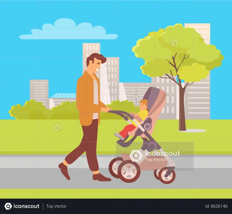 Hombre caminando con un niño en un cochecito  Ilustración