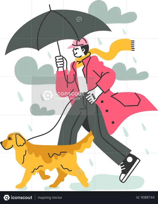 Hombre caminando con perro en tiempo lluvioso  Ilustración