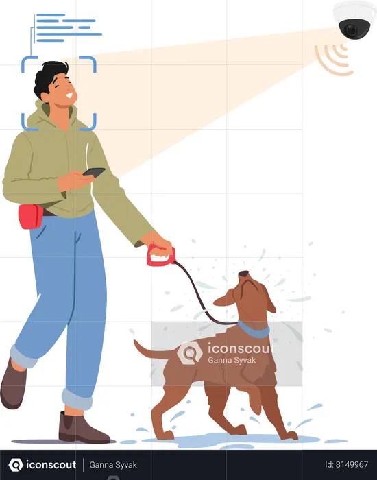 Hombre caminando con perro y sistema de reconocimiento facial  Ilustración
