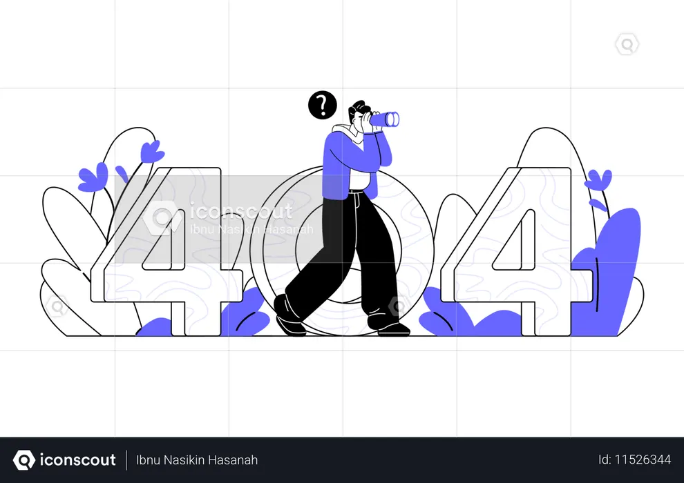 Hombre caminando mientras busca algo usando binoculares a través del número 404  Ilustración