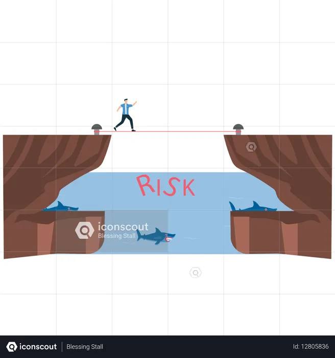 Hombre caminando sobre un puente de cuerda sobre aguas infestadas de tiburones  Ilustración