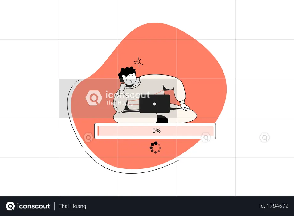 Hombre cansado con la pantalla de carga en la computadora portátil  Ilustración