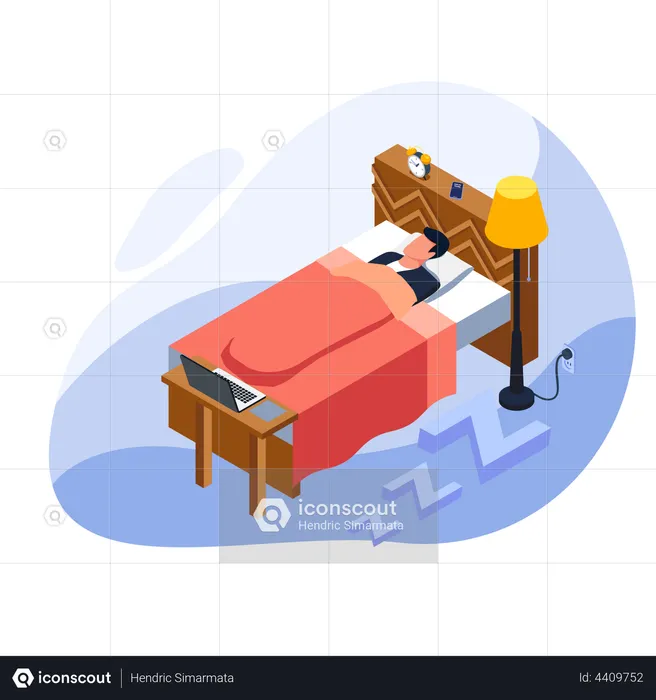 Hombre cansado durmiendo en la cama  Ilustración