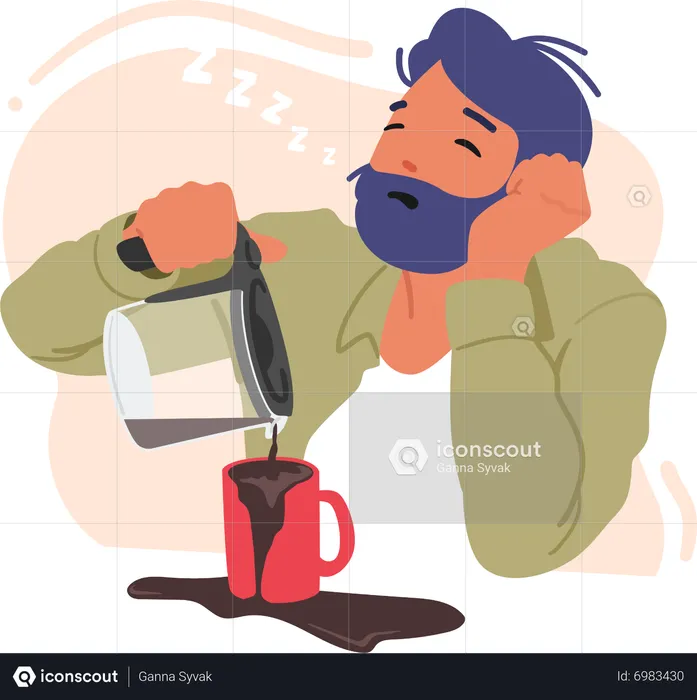 Hombre cansado y soñoliento vertiendo café en una taza  Ilustración