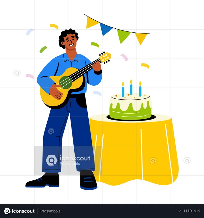 Hombre cantando una canción de cumpleaños y tocando la guitarra  Ilustración