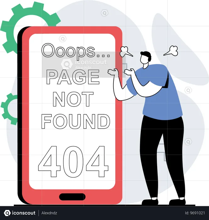 Un hombre se enfrenta a una página web con un error 404  Ilustración