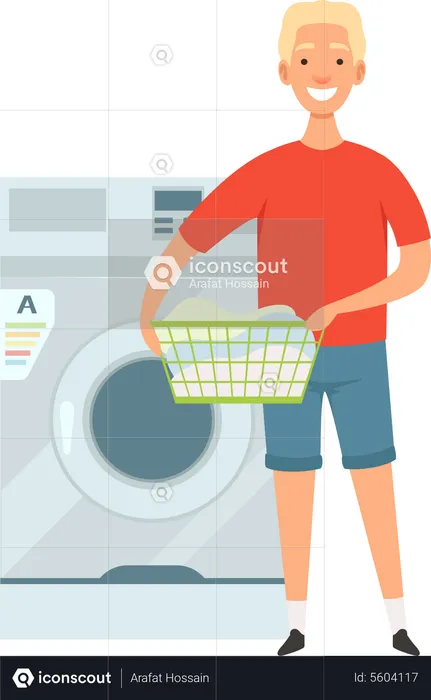 Hombre cargando lavadora para limpiar ropa  Ilustración