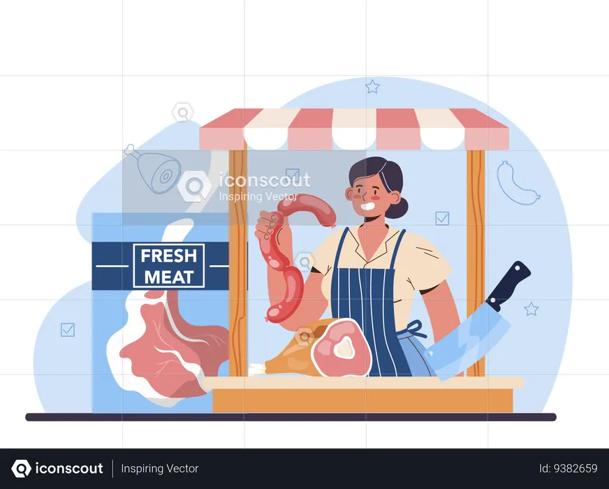 Hombre de carne vendiendo carne fresca  Ilustración