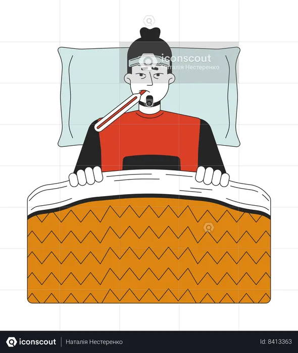 Hombre caucásico enfermo de frío acostado en la cama  Ilustración