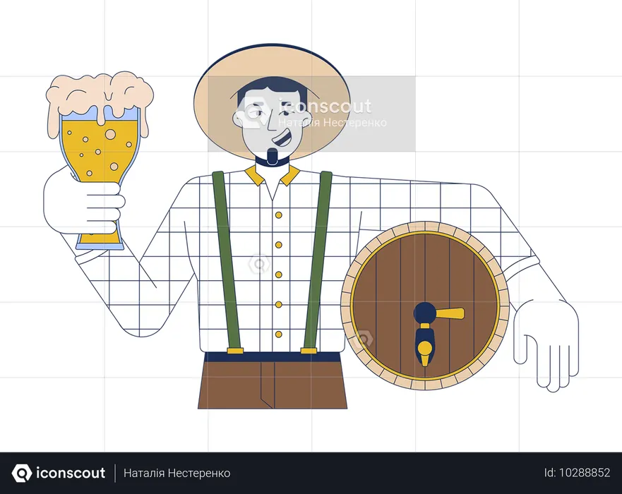 Hombre caucásico feliz sosteniendo cerveza y barril  Ilustración