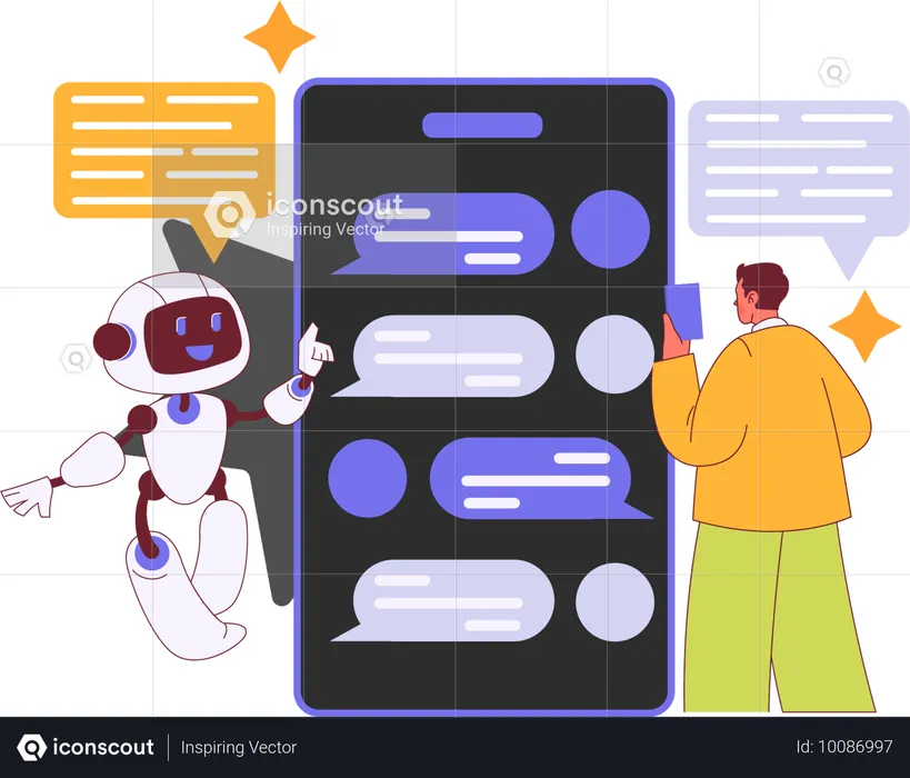 Un hombre conversa con un chatbot para mejorar su experiencia de compra  Ilustración