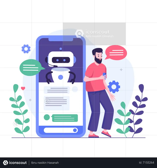 Hombre charlando con un chatbot móvil  Ilustración