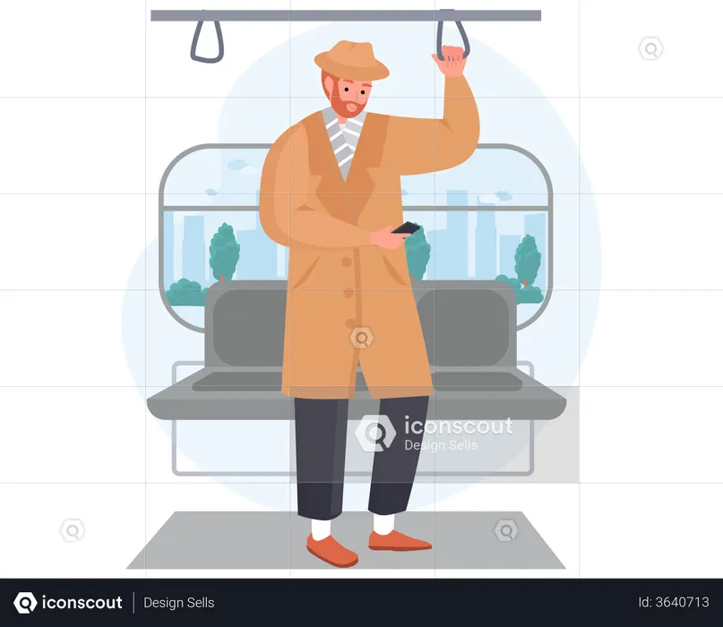 Hombre charlando por teléfono mientras viaja en tren  Ilustración