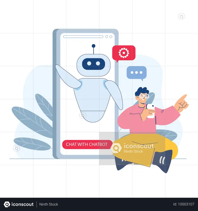 Hombre chatea con chatbot  Ilustración