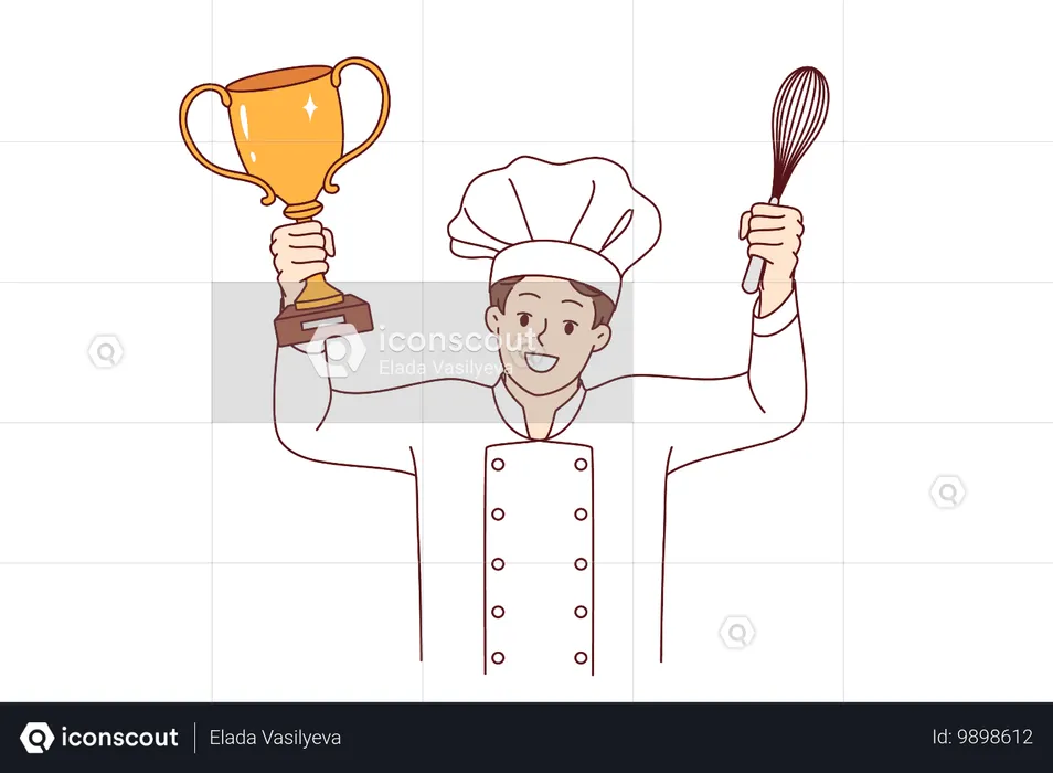 El chef cocinero celebra la victoria en un torneo culinario profesional con una copa de oro y un batidor  Ilustración