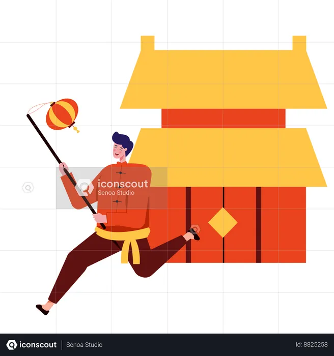 Hombre chino corriendo mientras sostiene una linterna china en el Año Nuevo Chino  Ilustración