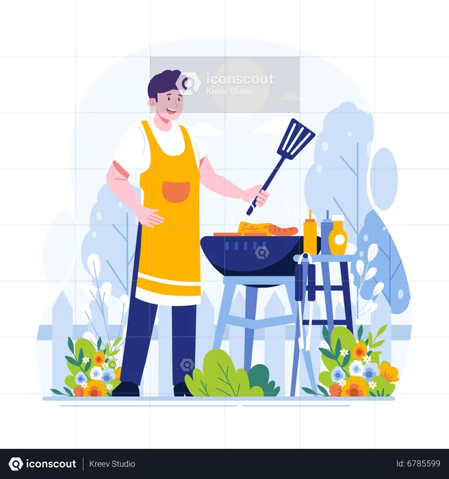 Hombre cocinando en el jardín  Ilustración