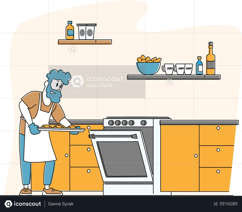 Hombre cocinando al horno  Ilustración