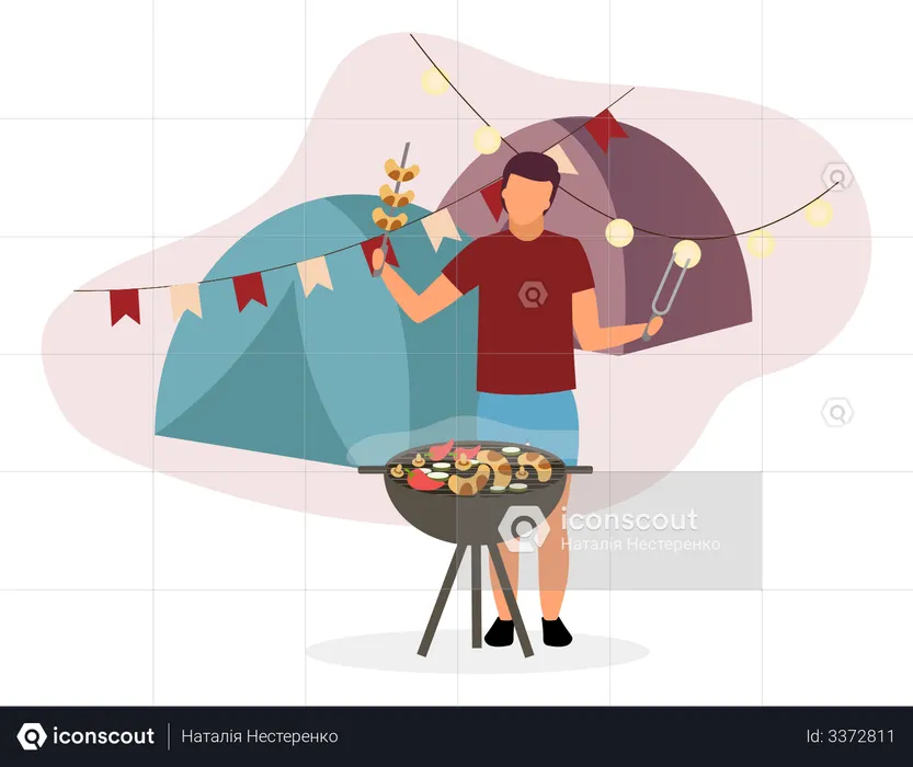 Hombre cocinando un plato de barbacoa  Ilustración