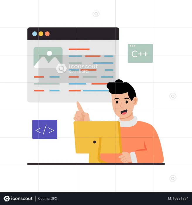 Hombre codificando en una página web  Ilustración