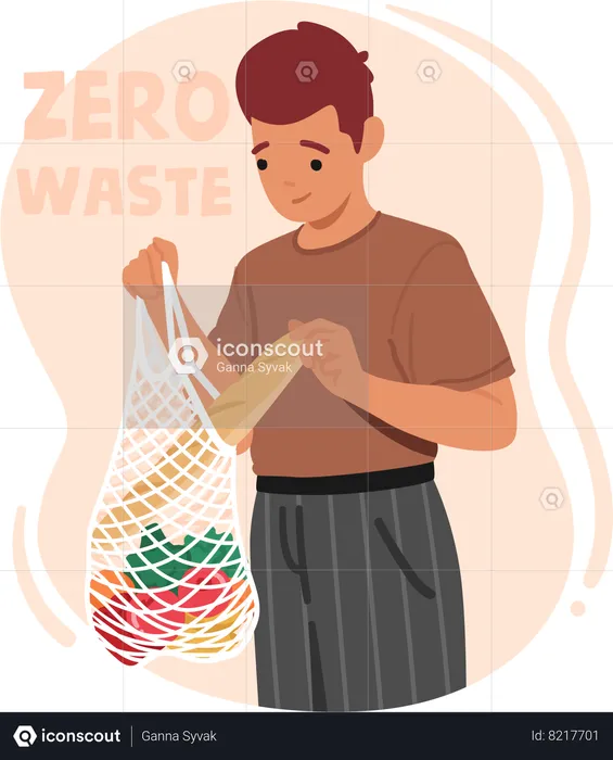 Hombre coloca cuidadosamente los alimentos en su ecológico  Ilustración