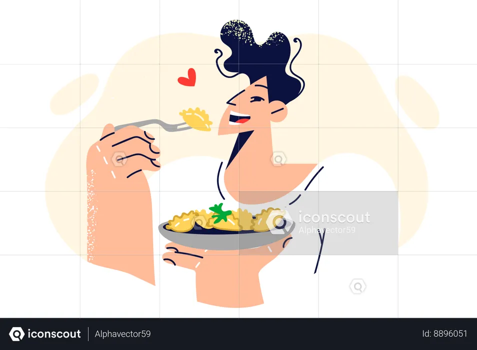 Un hombre come raviolis disfrutando del sabor de un plato italiano entregado en un restaurante o hecho a mano  Ilustración