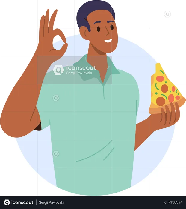 Hombre comiendo deliciosa pizza italiana gesticulando signo ok  Ilustración