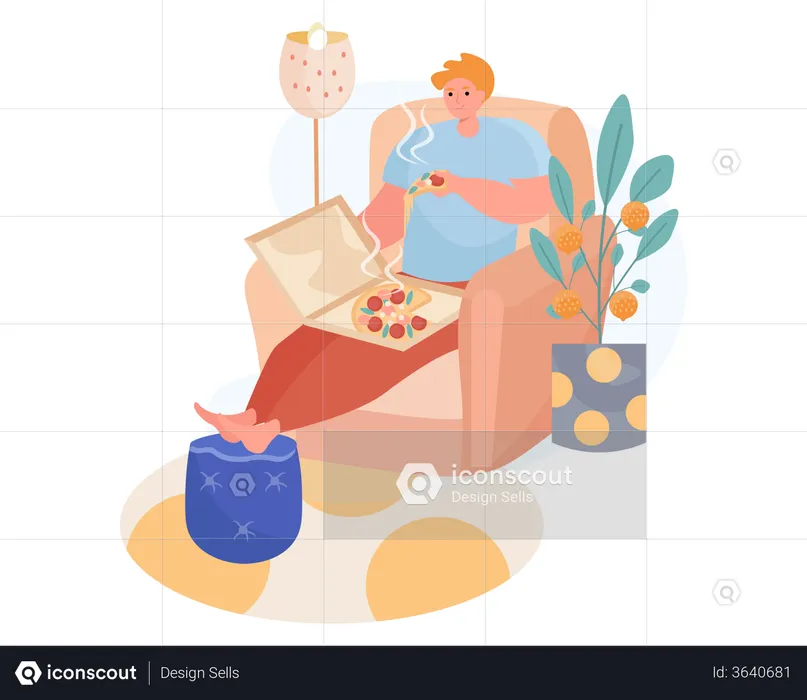 Hombre comiendo pizza en el sofá  Ilustración