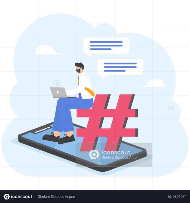 Hombre compartiendo publicaciones en redes sociales  Ilustración