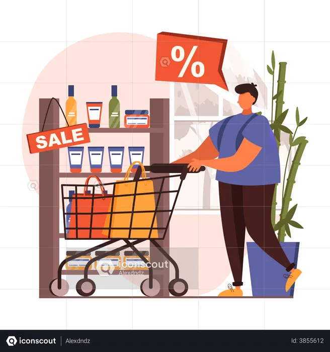 Hombre comprando productos para el cuidado de la piel en oferta  Ilustración