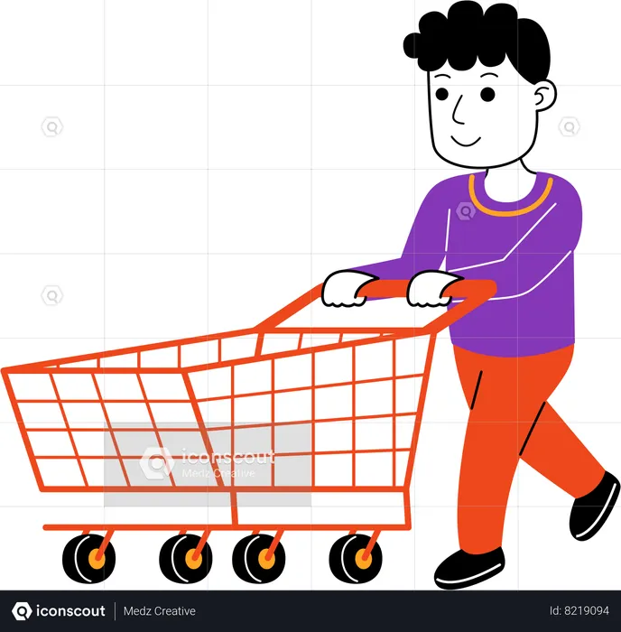 Hombre Shopper empujando un carrito vacío  Ilustración