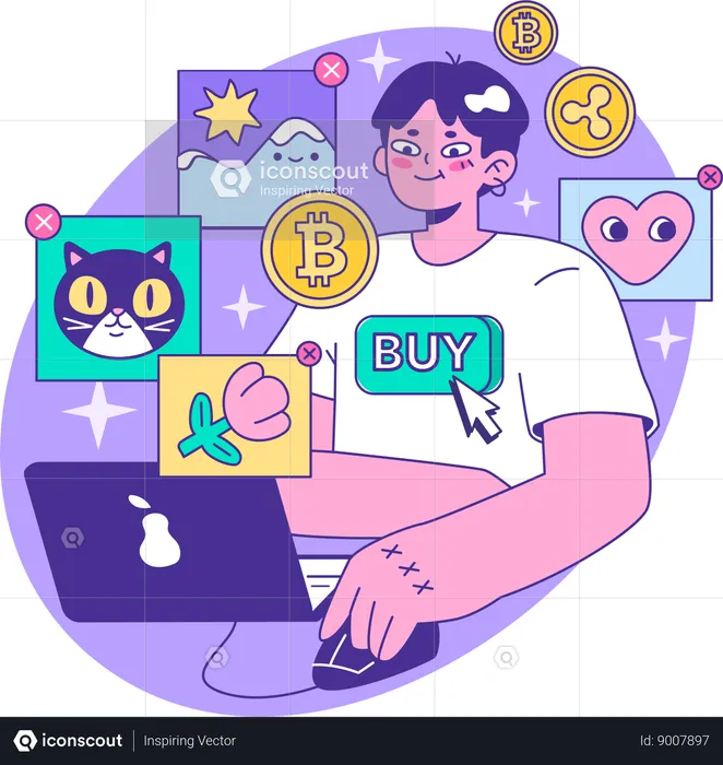 Hombre comprando bitcoins  Ilustración