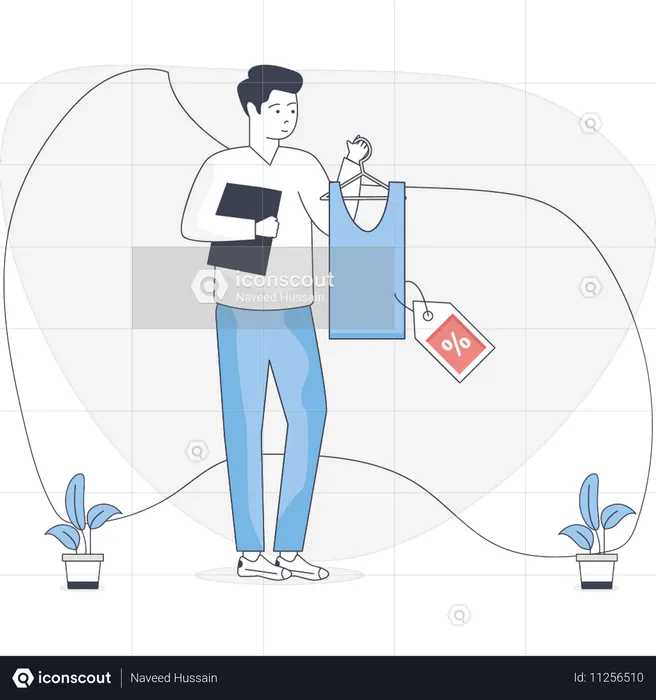 Hombre comprando camisa con descuento  Ilustración