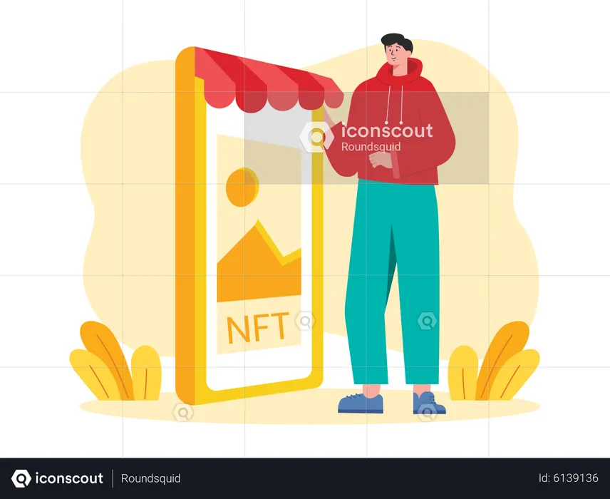 Hombre comprando NFT en un intercambio móvil  Illustration