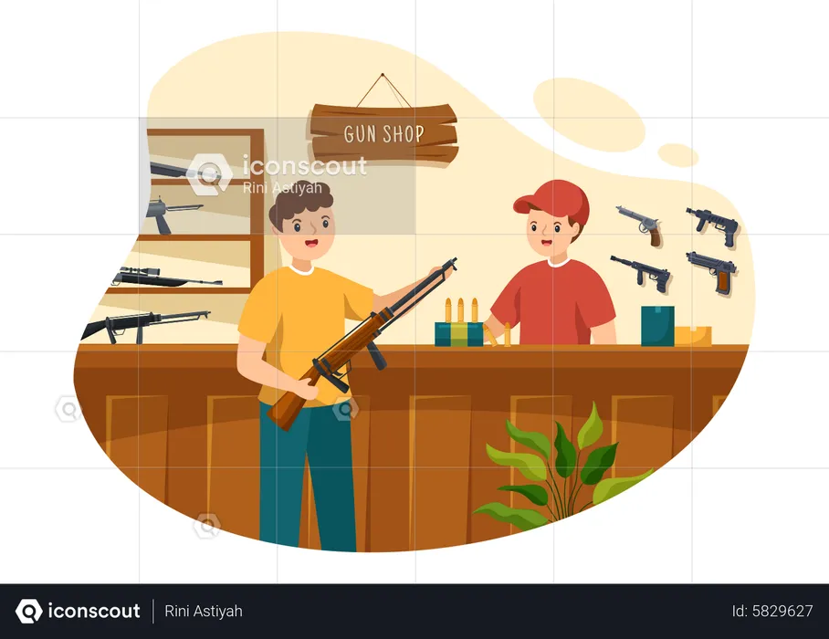 Hombre comprando un rifle en una armería  Ilustración